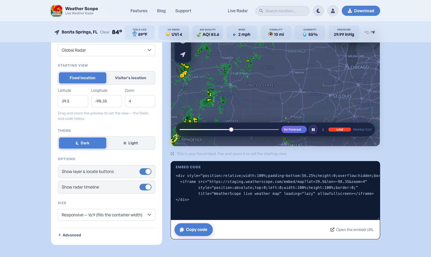 The Weather Scope embed builder: layer, starting view, theme and size options on the left, with the live map preview and generated embed code on the right