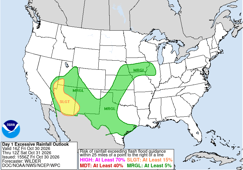 Weather Prediction Center map of the excessive rainfall risk for Friday, highest over Arizona and spreading into New Mexico, Texas and Kansas