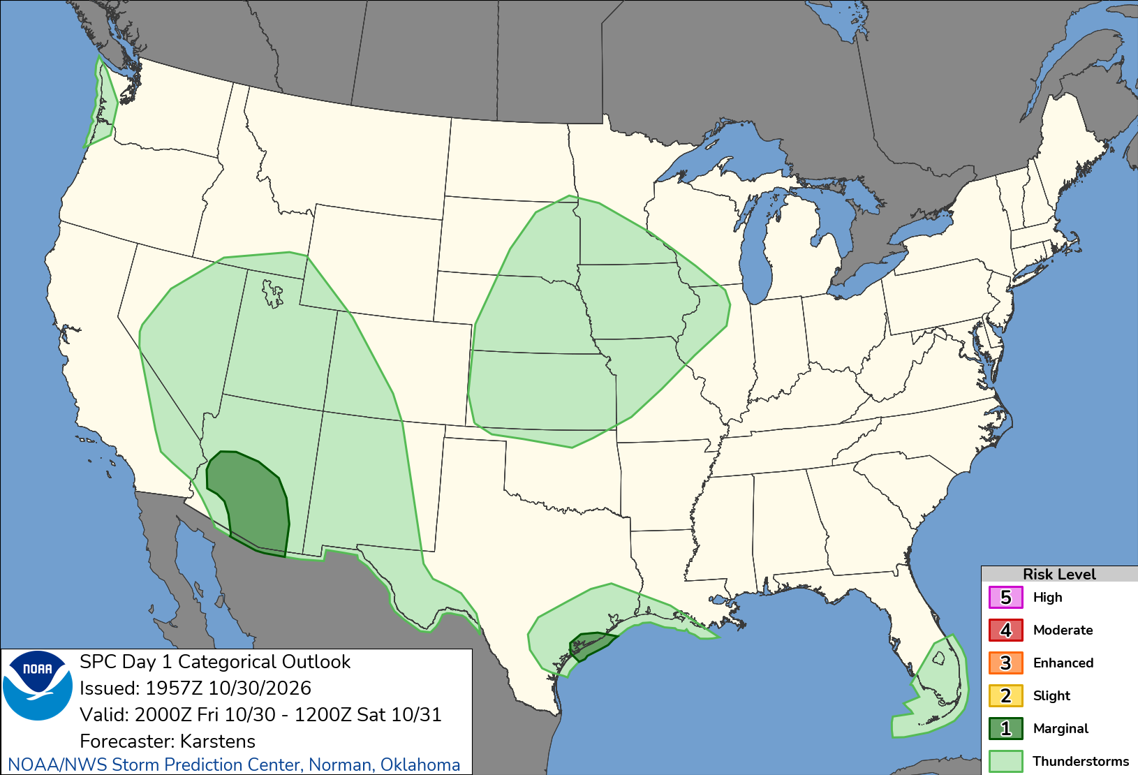 Storm Prediction Center severe weather outlook map for Friday night, with marginal risk areas in southern Arizona and on the middle Texas coast