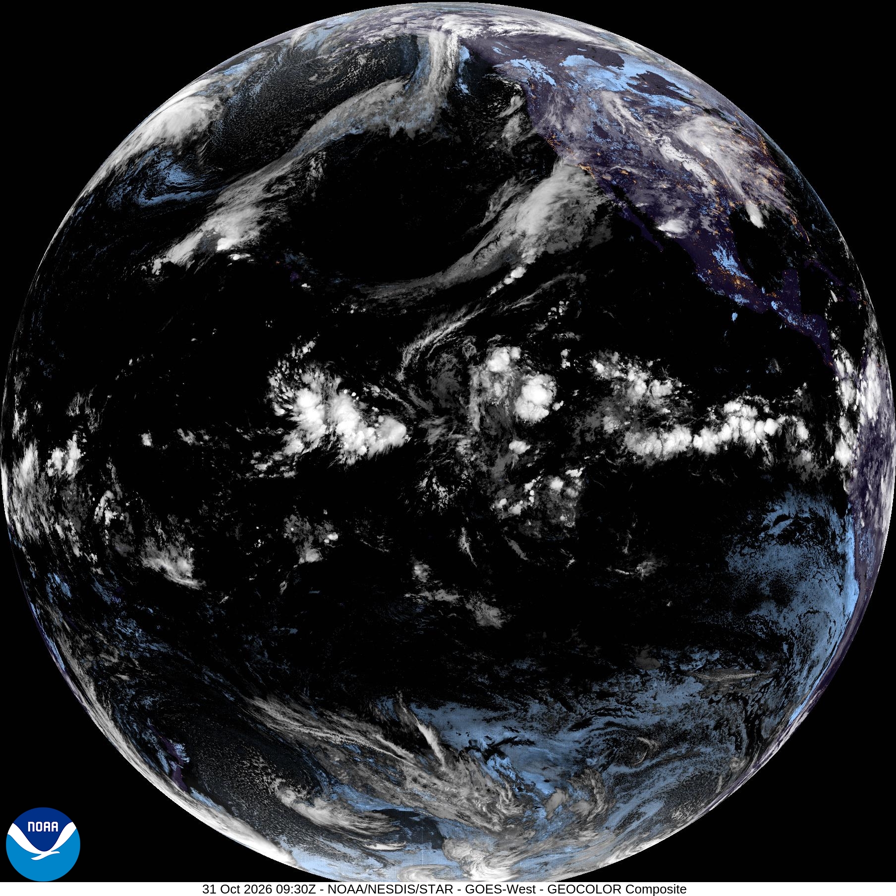 GOES-West GeoColor satellite image showing weather systems over the Americas and eastern Pacific